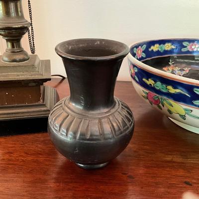 F1145 Vintage Single Candlestick Lamp with Metal Shade and Chinese Bowl, Mexico Vase