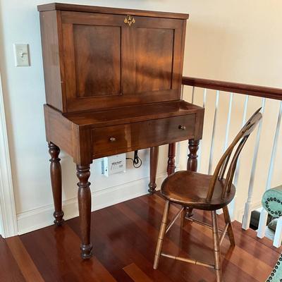 B1152 Antique Massachusetts Dropfront Mahogany Plantation School Desk and Arrowback Chair