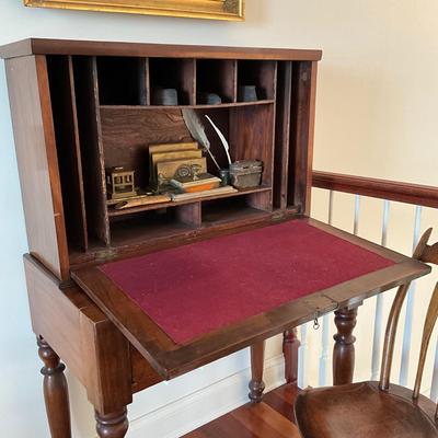 B1152 Antique Massachusetts Dropfront Mahogany Plantation School Desk and Arrowback Chair