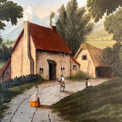 B1159 Antique Oil on Canvas Figural Landscape Painting of Village Scene
