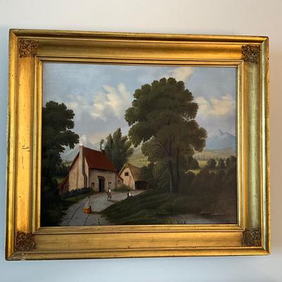 B1159 Antique Oil on Canvas Figural Landscape Painting of Village Scene