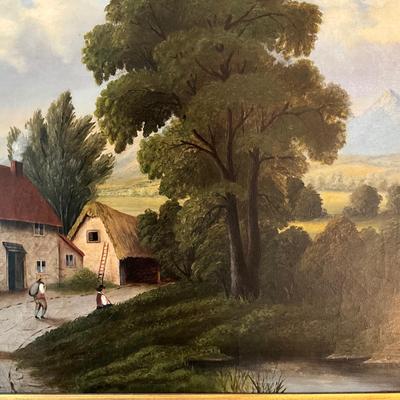 B1159 Antique Oil on Canvas Figural Landscape Painting of Village Scene