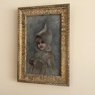 UB1174 Antique Victorian Oil on Canvas Girl with Bowl