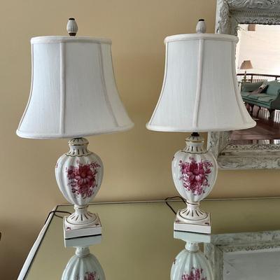 UB1176 Pair of Vintage Porcelain Floral and Gold Accent Lamps with Silk Shades
