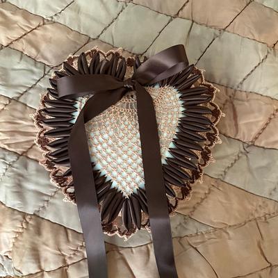 UB1185 Antique Satin Handmade Quilt with Crochet Heart Pillow