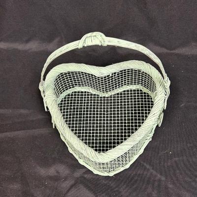 Weathered Cottagecore Shabby Chic Mint Green Heart Shaped Basket