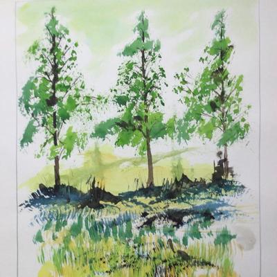 Vintage 1980's Original Artwork Green Scenery Landscape & Still Life Watercolor Mix Media Sketches Collection
