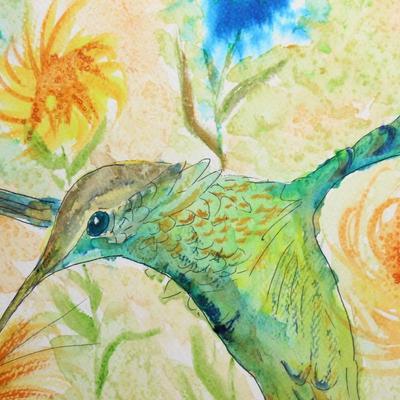 Original Watercolor Pen Sketch Artwork Hummingbird Feeding on Flower