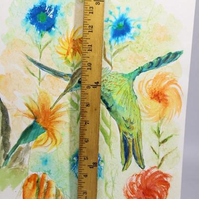 Original Watercolor Pen Sketch Artwork Hummingbird Feeding on Flower