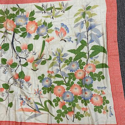 Vintage Silk Scarf Asian Style Print Flowers with Bird and Butterfly