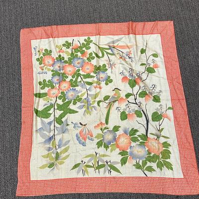 Vintage Silk Scarf Asian Style Print Flowers with Bird and Butterfly