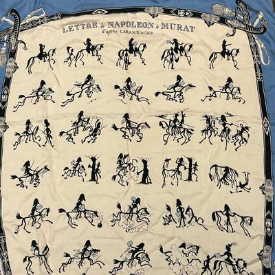 Vintage Hermes Lettre de Napoleon a Murat d'Apres Blue Edge Story Telling Silk Scarf