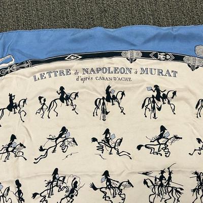 Vintage Hermes Lettre de Napoleon a Murat d'Apres Blue Edge Story Telling Silk Scarf