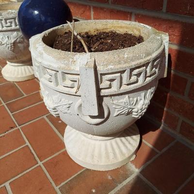 Two Concrete Planters and Blue Gazing Ball (Y-BBL)