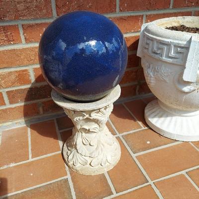 Two Concrete Planters and Blue Gazing Ball (Y-BBL)