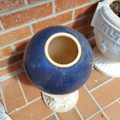 Two Concrete Planters and Blue Gazing Ball (Y-BBL)