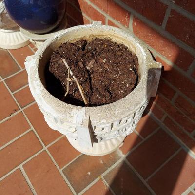 Two Concrete Planters and Blue Gazing Ball (Y-BBL)