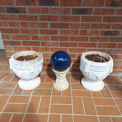 Two Concrete Planters and Blue Gazing Ball (Y-BBL)