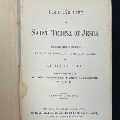Antique Hard Back Book Life of St, Teresa by Marc Joseph 1884