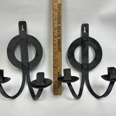 Vintage Black Wrought Iron Spanish Revival Wall Hanging Double Candelabra Candle Holders