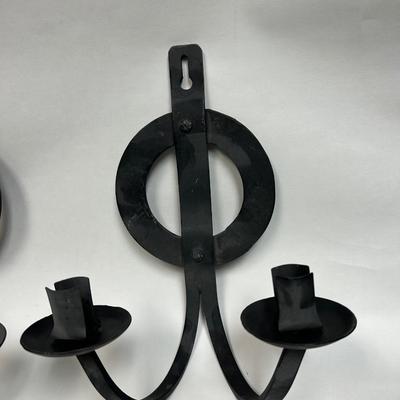 Vintage Black Wrought Iron Spanish Revival Wall Hanging Double Candelabra Candle Holders