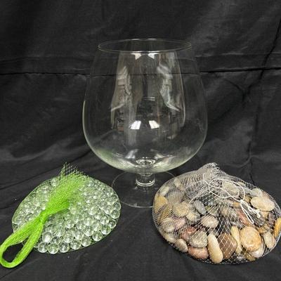Large Clear Glass Brandy Snifter with Polished Rocks and Marbles for Craft and Decor