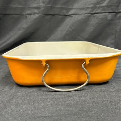 Vintage Le Creuset France Golden Yellow and White Enameled Cast Iron Casserole Baking Dish Pan with Handles