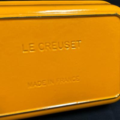 Vintage Le Creuset France Golden Yellow and White Enameled Cast Iron Casserole Baking Dish Pan with Handles