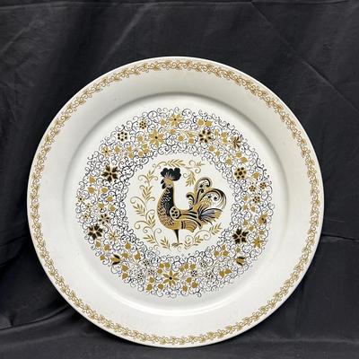 Vintage Large Painted Metal Serving Tray Platter White with Gold and Black Rooster & Vine Pattern