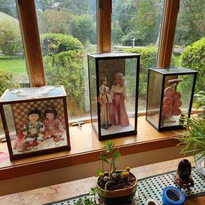 lot of 3 Doll Display Cases including dolls