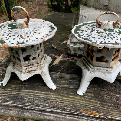 PAIR Vintage Cast Metal Garden Pagodas