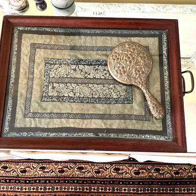 UB1204 Antique Oriental Silk Textile Mahogany Brass Handle Tray with Hand Mirror