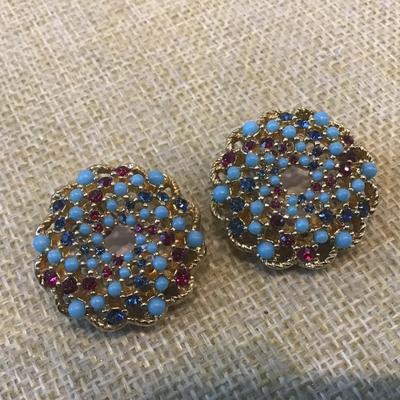 Vintage Sarah Coventry Clip-on Earrings Turquoise Ruby Rhinestones & Beads