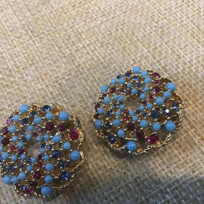 Vintage Sarah Coventry Clip-on Earrings Turquoise Ruby Rhinestones & Beads