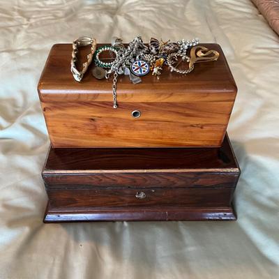 UB1212 Lot of Two Wooden Jewelry Boxes, Asian & Cedar with Costume Jewelry