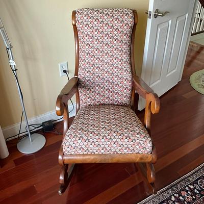 NO1216 Antique Upholstered Mahogany Empire Lincoln Rocking Chair