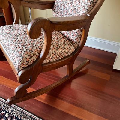 NO1216 Antique Upholstered Mahogany Empire Lincoln Rocking Chair