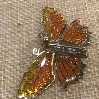 Vintage Avon Plaque-a-jour Yellow And Orange Butterfly Brooch