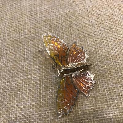 Vintage Avon Plaque-a-jour Yellow And Orange Butterfly Brooch