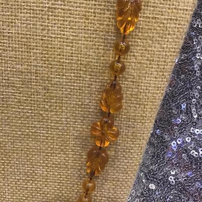 Vintage Sarah CoventryÂ Amber Lucite Beaded Necklace Leaf and Flower Design
