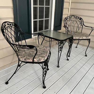 O-1232 Pair of LYON SHAW Wrought Iron Windflower Armchair and Table 3pc Set
