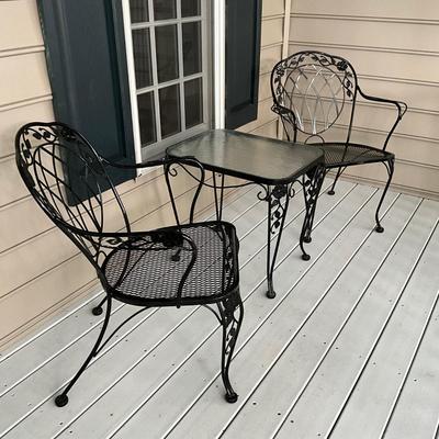 O-1232 Pair of LYON SHAW Wrought Iron Windflower Armchair and Table 3pc Set