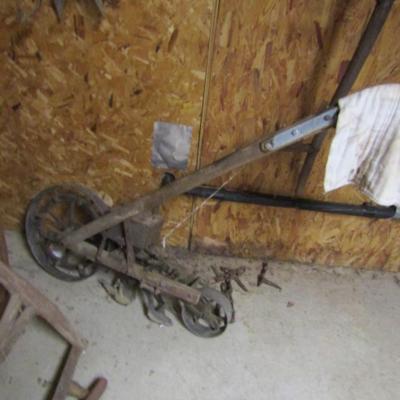 Collection of Vintage Tools- Saw, Scithe, Seeder, Plow