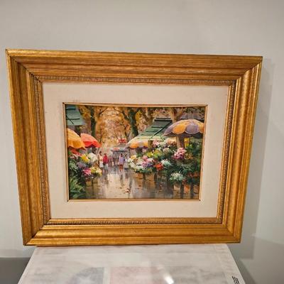 Original painting in gold frame Flower Market in France