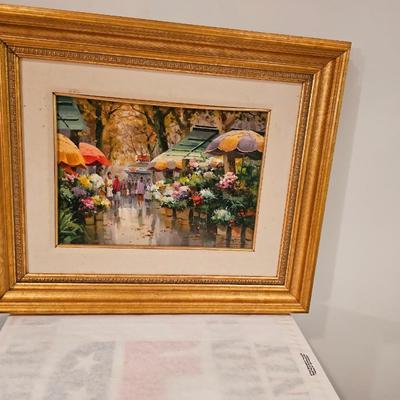 Original painting in gold frame Flower Market in France