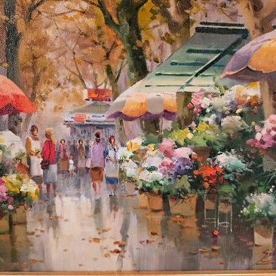 Original painting in gold frame Flower Market in France