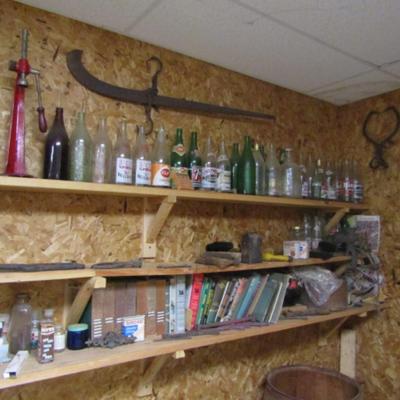 Contents of Shelves- Vintage Bottles and Corker, Assortment of Books, etc.