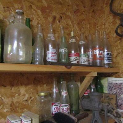 Contents of Shelves- Vintage Bottles and Corker, Assortment of Books, etc.