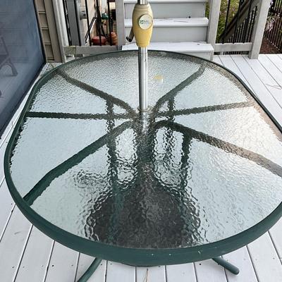O1265 Large Oval TELESCOPE Glass Top Table with Umbrella and Iron Stand
