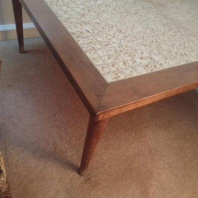 Mid-Century Wood Framed Low Profile End Table with Tile Mosaic Inlay Top